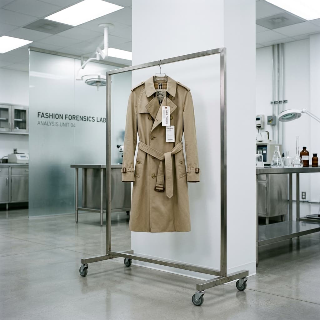 Minimalist beige trench coat hanging on a rack in a sterile white forensics lab room